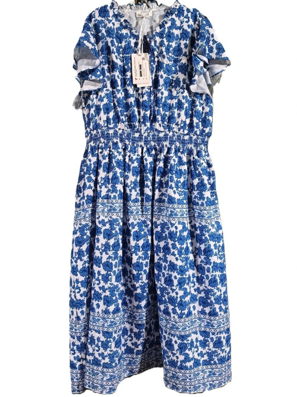 Grace Karin Blue White Floral Print Maxi Dress 2XL Elastic Smocking Short Sleeve